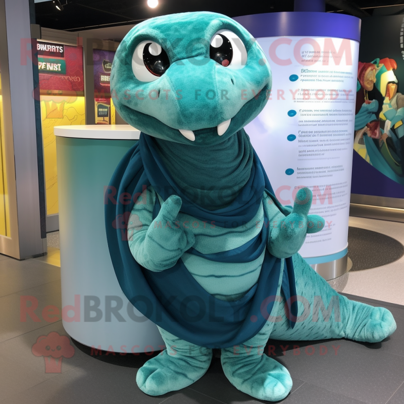 Teal Anaconda mascot costume character dressed with a Sweatshirt and Shawls