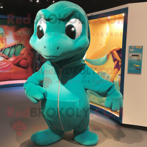 Teal Anaconda mascot costume character dressed with a Sweatshirt and Shawls