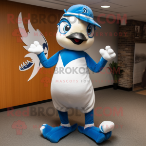 White Blue Jay mascot costume character dressed with a Leggings and Ties