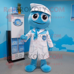 Sky Blue Doctor mascot costume character dressed with a Sheath Dress and Beanies