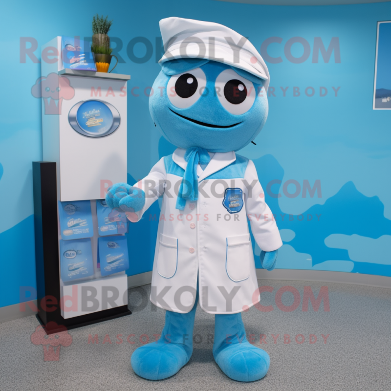 Sky Blue Doctor mascot costume character dressed with a Sheath Dress and Beanies Sky Blue Doctor mascot costume character dressed with a Sheath Dress and Beanies