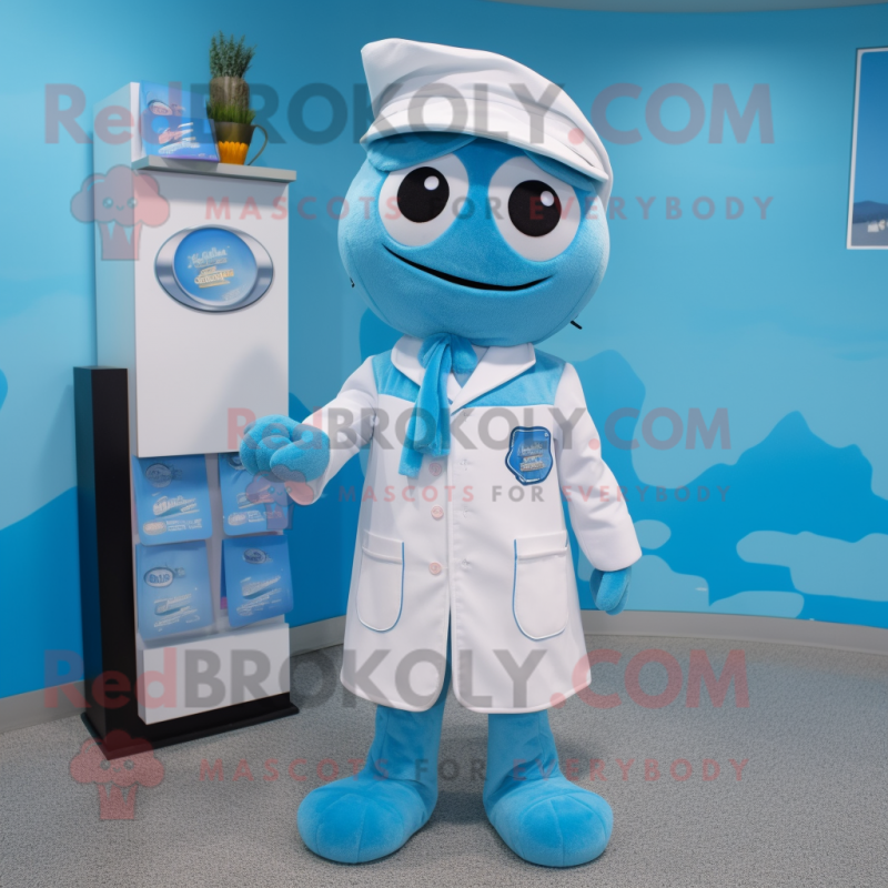 Sky Blue Doctor mascot costume character dressed with a Sheath Dress and Beanies