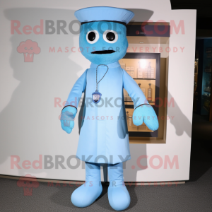 Sky Blue Doctor mascot costume character dressed with a Sheath Dress and Beanies