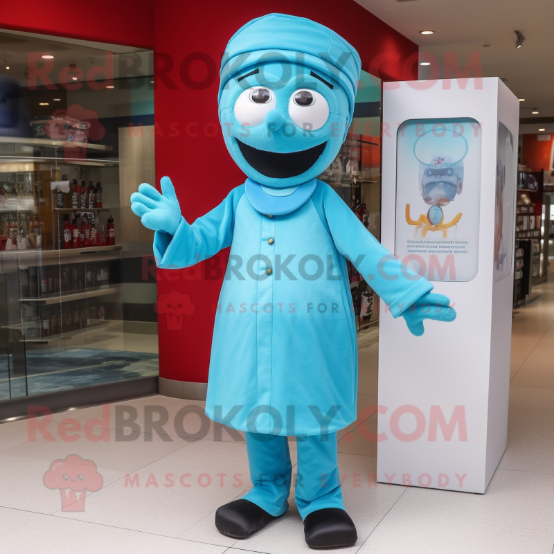 Sky Blue Doctor mascot costume character dressed with a Sheath Dress and Beanies Sky Blue Doctor mascot costume character dressed with a Sheath Dress and Beanies