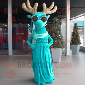 Turquoise Reindeer mascot costume character dressed with a Evening Gown and Eyeglasses