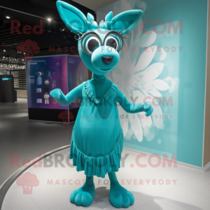 Turquoise Reindeer mascot costume character dressed with a Evening Gown and Eyeglasses