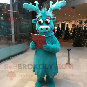 Turquoise Reindeer mascot costume character dressed with a Evening Gown and Eyeglasses