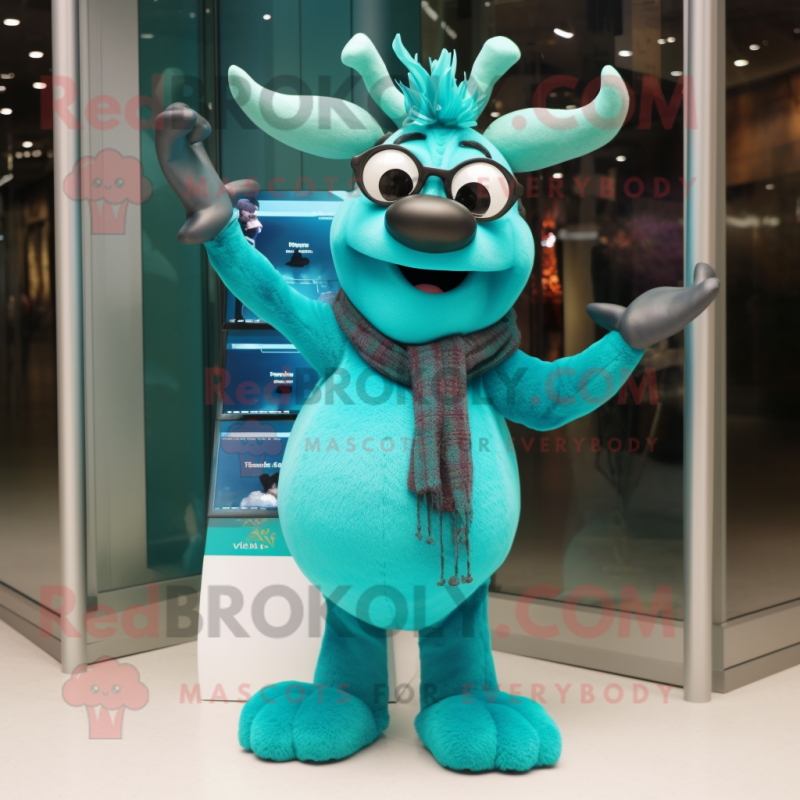 Turquoise Reindeer mascot costume character dressed with a Evening Gown and Eyeglasses