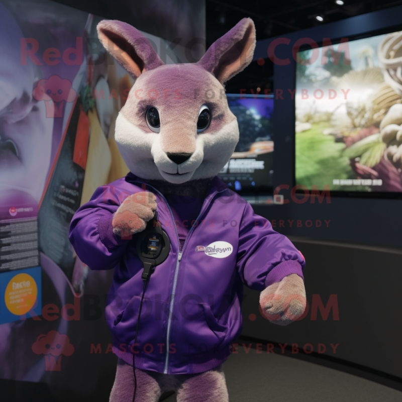 Purple Kangaroo mascot costume character dressed with a Bomber Jacket and Digital watches Purple Kangaroo mascot costume character dressed with a Bomber Jacket and Digital watches