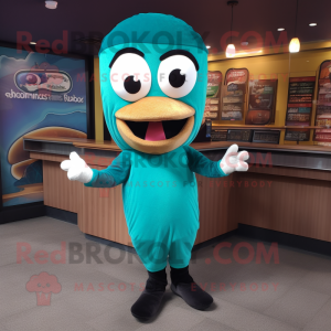 Teal Bagels mascot costume character dressed with a Sheath Dress and Beanies