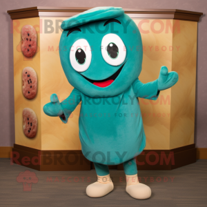 Teal Bagels mascot costume character dressed with a Sheath Dress and Beanies