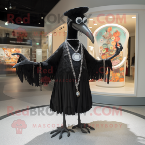 Black Stilt Walker mascot costume character dressed with a Circle Skirt and Necklaces