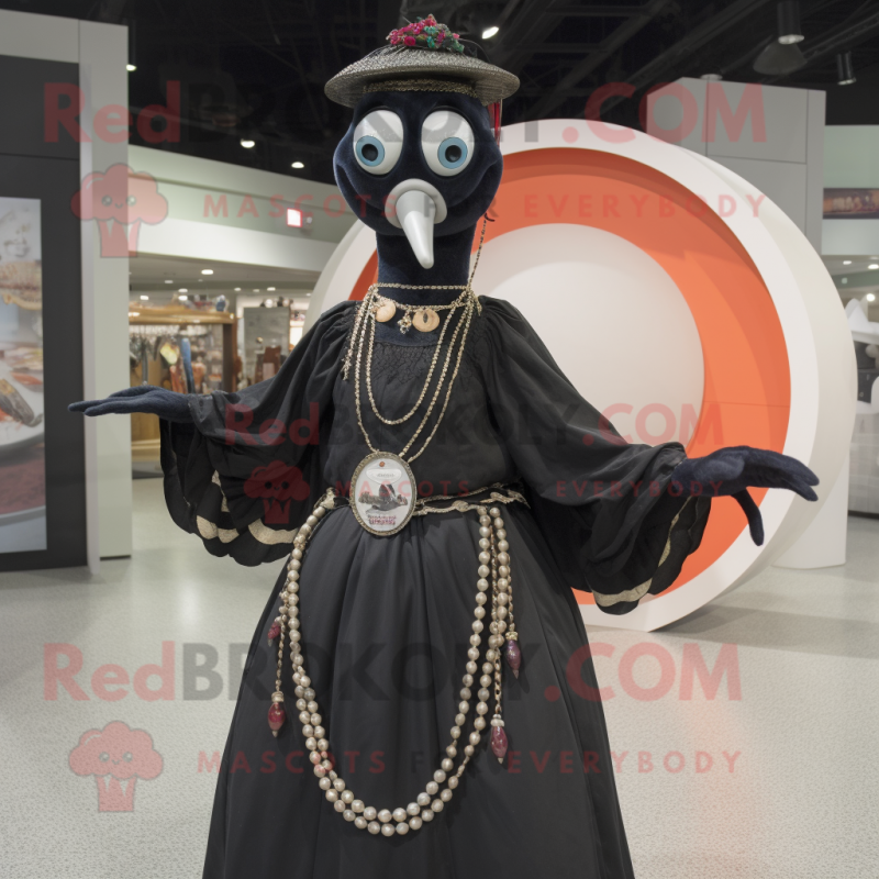 Black Stilt Walker mascot costume character dressed with a Circle Skirt and Necklaces