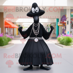 Black Stilt Walker mascot costume character dressed with a Circle Skirt and Necklaces