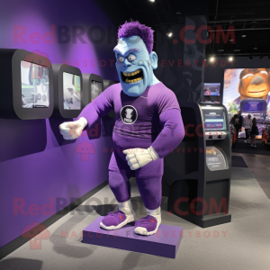 Purple Frankenstein mascot costume character dressed with a Running Shorts and Watches