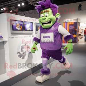 Purple Frankenstein mascot costume character dressed with a Running Shorts and Watches