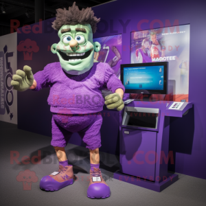 Purple Frankenstein mascot costume character dressed with a Running Shorts and Watches