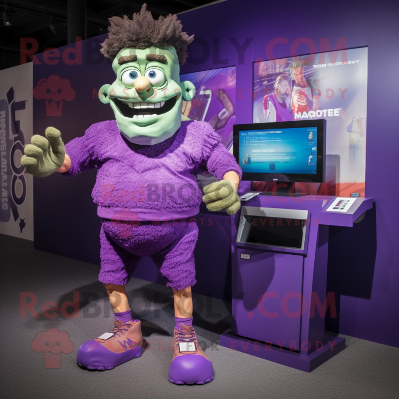 Purple Frankenstein mascot costume character dressed with a Running Shorts and Watches