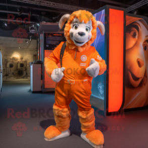 Orange Ram mascot costume character dressed with a Playsuit and Lapel pins