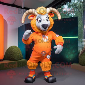 Orange Ram mascot costume character dressed with a Playsuit and Lapel pins