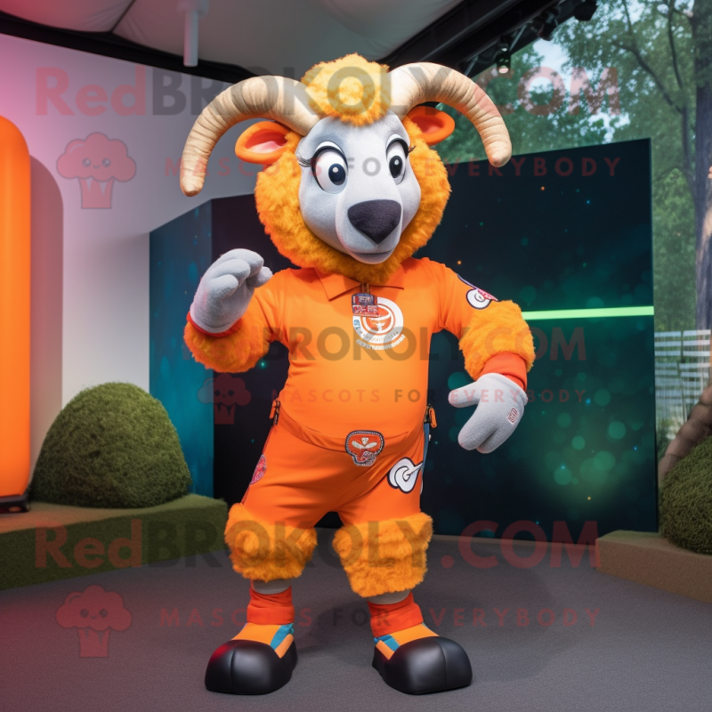 Orange Ram mascot costume character dressed with a Playsuit and Lapel pins Orange Ram mascot costume character dressed with a Playsuit and Lapel pins