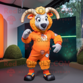 Orange Ram mascot costume character dressed with a Playsuit and Lapel pins