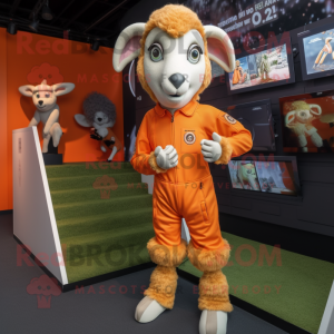 Orange Ram mascot costume character dressed with a Playsuit and Lapel pins