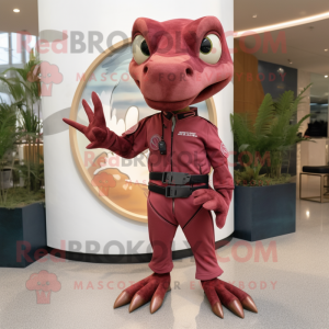 Maroon Dimorphodon mascot costume character dressed with a Jumpsuit and Watches