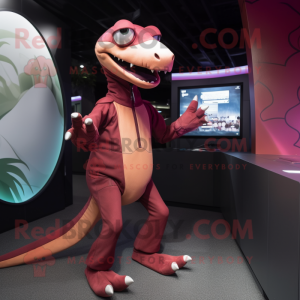 Maroon Dimorphodon mascot costume character dressed with a Jumpsuit and Watches