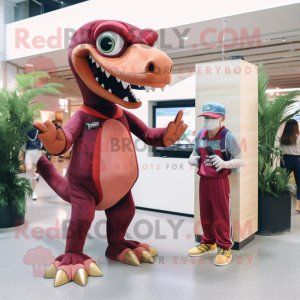 Maroon Dimorphodon mascot costume character dressed with a Jumpsuit and Watches