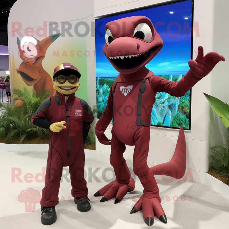 Maroon Dimorphodon mascot costume character dressed with a Jumpsuit and Watches