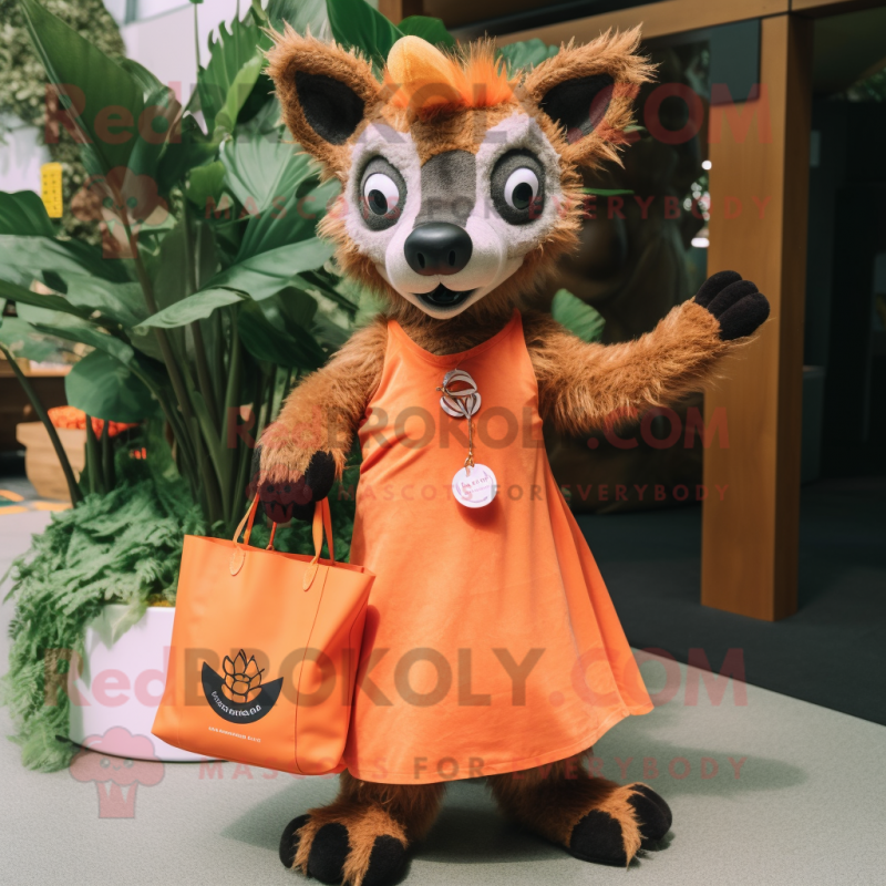 Orange Hyena mascot costume character dressed with a Mini Dress and Tote bags Orange Hyena mascot costume character dressed with a Mini Dress and Tote bags