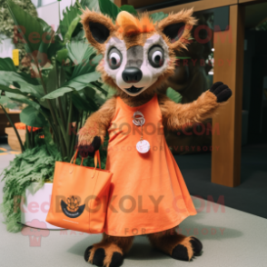 Orange Hyena mascot costume character dressed with a Mini Dress and Tote bags