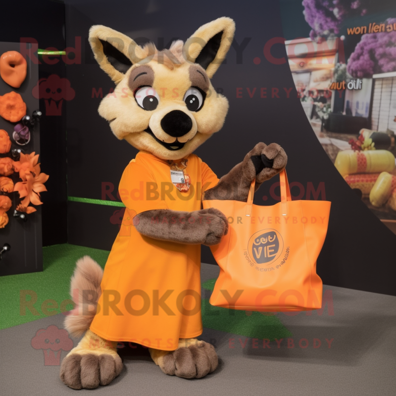 Orange Hyena mascot costume character dressed with a Mini Dress and Tote bags