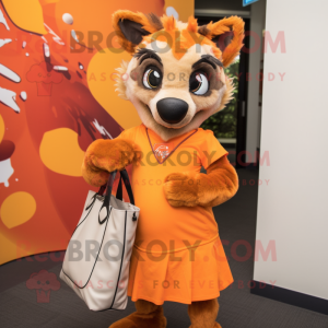 Orange Hyena mascot costume character dressed with a Mini Dress and Tote bags