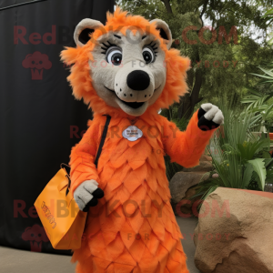 Orange Hyena mascot costume character dressed with a Mini Dress and Tote bags