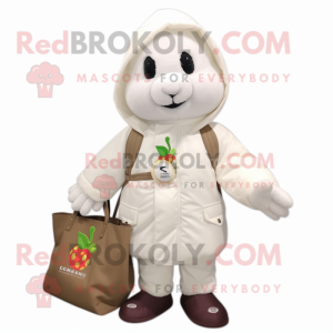 White Cherry mascot costume character dressed with a Parka and Tote bags