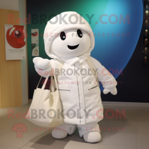 White Cherry mascot costume character dressed with a Parka and Tote bags