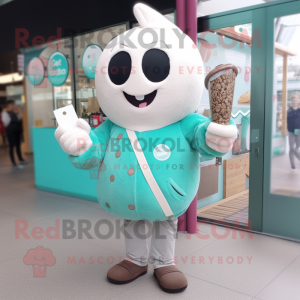 Teal Ice Cream mascot costume character dressed with a Cardigan and Wallets