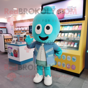 Teal Ice Cream mascot costume character dressed with a Cardigan and Wallets