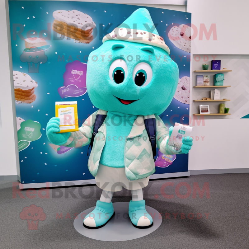 Teal Ice Cream mascot costume character dressed with a Cardigan and Wallets Teal Ice Cream mascot costume character dressed with a Cardigan and Wallets