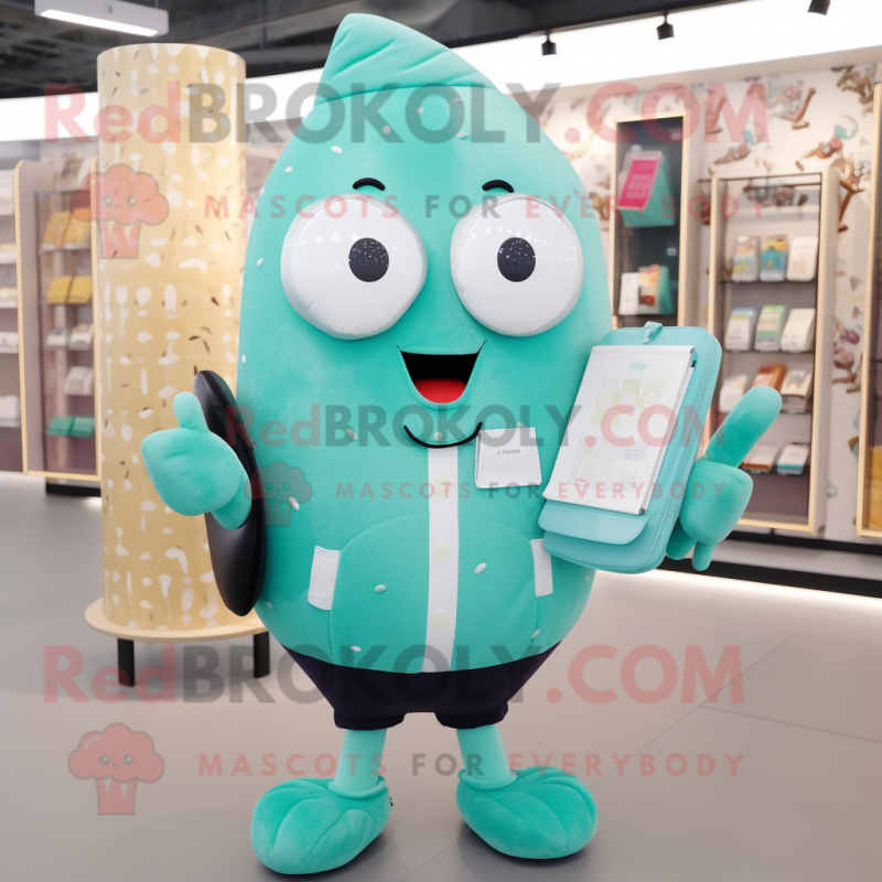 Teal Ice Cream mascot costume character dressed with a Cardigan and Wallets