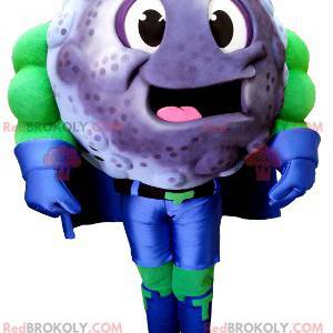 Mascot blackcurrant blueberry in superhero outfit -