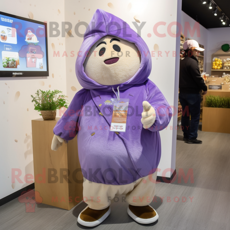 Lavender Potato mascot costume character dressed with a Hoodie and Keychains