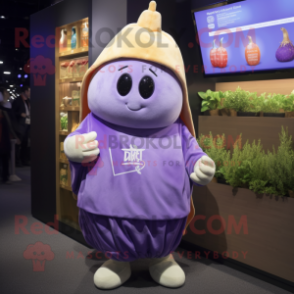 Lavender Potato mascot costume character dressed with a Hoodie and Keychains