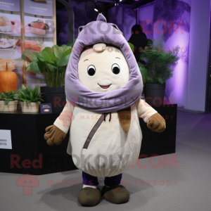 Lavender Potato mascot costume character dressed with a Hoodie and Keychains