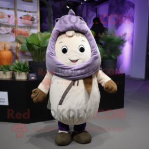 Lavender Potato mascot costume character dressed with a Hoodie and Keychains