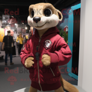 Maroon Meerkat mascot costume character dressed with a Bomber Jacket and Foot pads