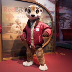 Maroon Meerkat mascot costume character dressed with a Bomber Jacket and Foot pads