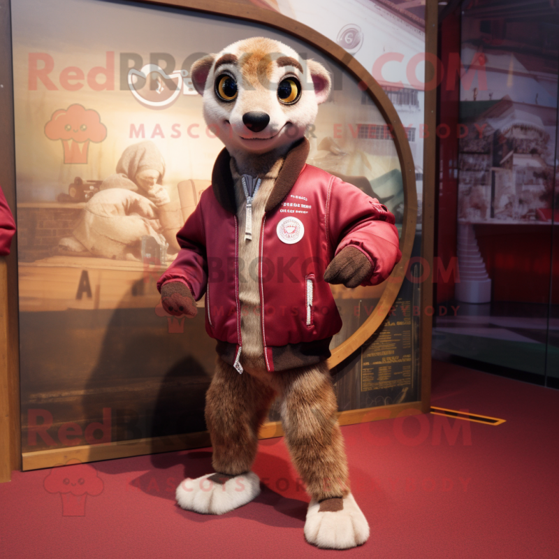 Maroon Meerkat mascot costume character dressed with a Bomber Jacket and Foot pads Maroon Meerkat mascot costume character dressed with a Bomber Jacket and Foot pads